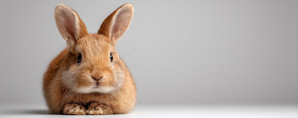Cute brown rabbit with soft fur and upright ears resting on smooth surface, showing calm and gentle expression in neutral background