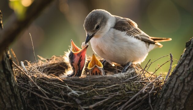 Mother bird feeding hungry baby birds in a nest among tree branches, wildlife nature and parental care concept