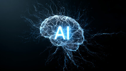 Artificial intelligence concept with glowing brain and electric neural network on dark background