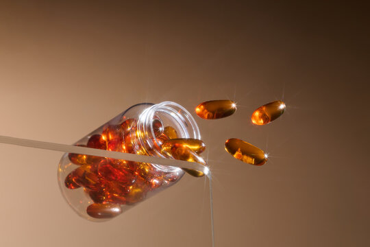 Vibrant health supplements spill from a jar, symbolizing wellness