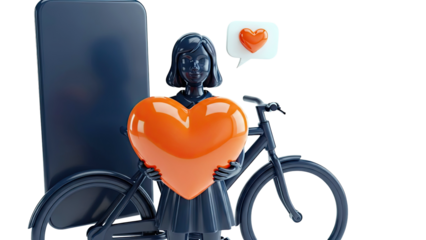 3D Render: Person Holding Heart Next to Bicycle and Smartphone with Like Icon