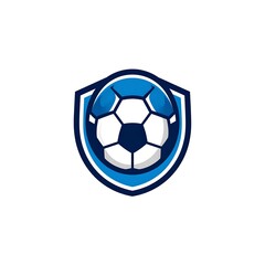 Obraz premium A soccer ball nestled within a blue shield emblem, featuring shades of white, dark blue, and light blue. The design is a minimalistic representation