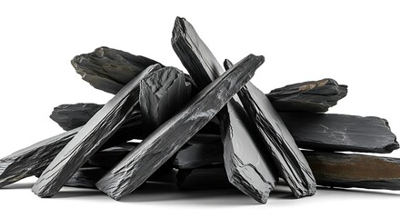 A striking stack of raw slate stone fragments against a clean white backdrop highlighting textures