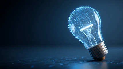 Digital light bulb with glowing blue circuit pattern symbolizing innovation and technology on dark background with copy space