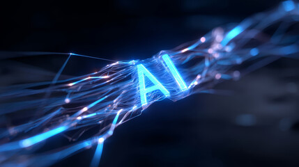 Artificial intelligence concept with glowing blue AI letters connected by digital neural network lines in dark background