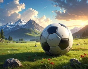 A soccer ball sits in a vibrant meadow, with mountains in the background, a sunny sky, and soft clouds overhead