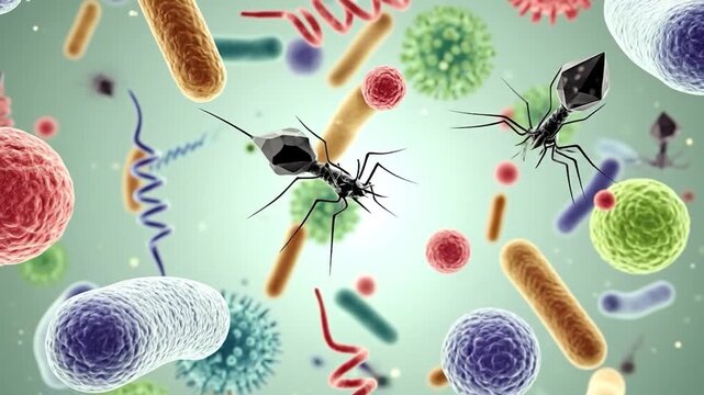 Diverse microscopic life vibrant bacteria, viruses, and phages populate a micro-environment