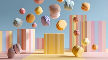 surreal object levitation scene, playful creative concept, pastel color palette