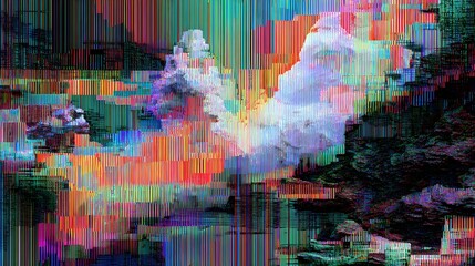 abstract glitch art composition, digital distortion aesthetic, trendy visual effect