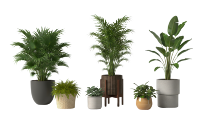 Set of 7 Potted Indoor Houseplants Isolated on White Background