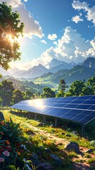 A solar array sits amongst blooming flowers, the sun's reflection mirrored in its panels against a backdrop of mountains and a blue sky
