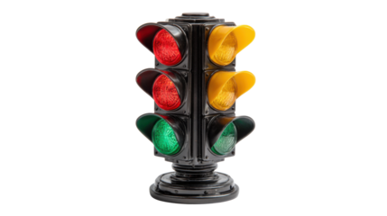 Toy traffic light teaching road safety rules, signaling stop, caution, and go with red, yellow, green lights