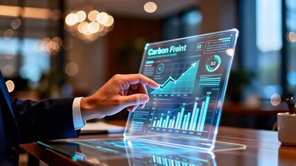 Person interacting with digital carbon footprint chart - Powered by Adobe