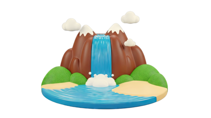 Cartoon Waterfall Scene with Mountains, Beach, and Clouds