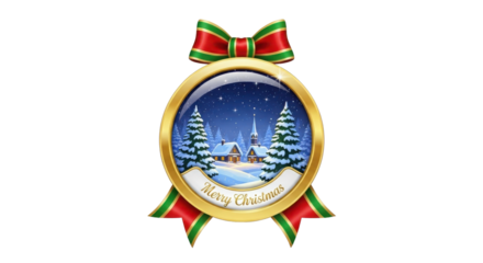 Golden Christmas Snow Globe Badge with Red and Green Ribbon