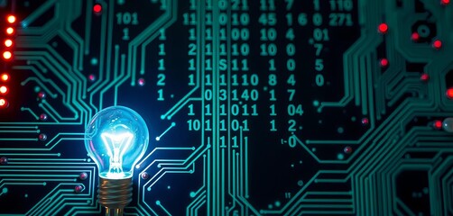 Glowing circuit board with binary code forming a lightbulb,  symbol,  electricity