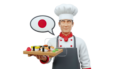 Chef with Sushi and Japanese Flag Speech Bubble