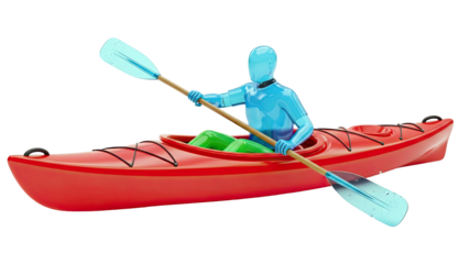 Blue mannequin kayaking in a red kayak with a paddle