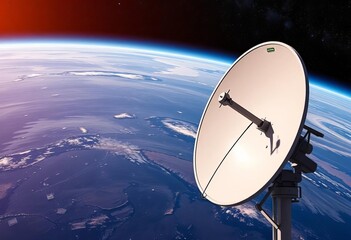 Satellite dish transmitting signals into space, representing global internet access,  transmission,  technology