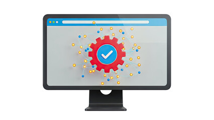 Computer Monitor Displaying Gear with Checkmark and Network Connections