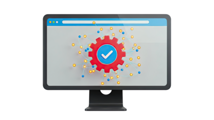 Computer Monitor Displaying Gear with Checkmark and Network Connections