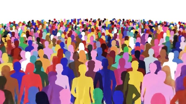 A vast, diverse crowd of abstract, colorful human figures against a bright white background
