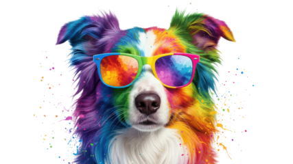 Vibrant Rainbow Border Collie Dog Wearing Colorful Sunglasses on White Background
