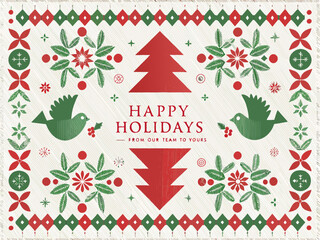 Festive holiday card with christmas tree birds and floral patterns in red and green © Etika