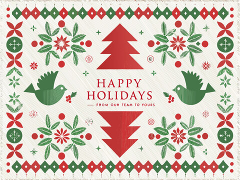 Festive holiday card with christmas tree birds and floral patterns in red and green