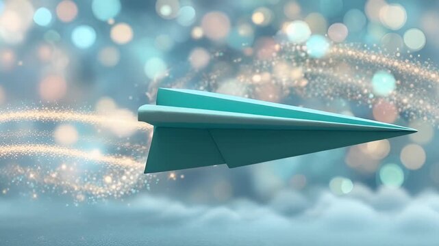 An abstract representation of a paper airplane soaring through a dreamy, bokeh-filled background, symbolizing innovation and creativity.