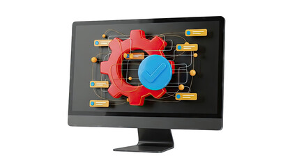 Computer screen showing workflow automation with gear and checkmark