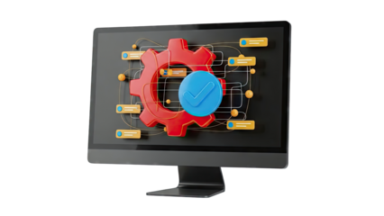 Computer screen showing workflow automation with gear and checkmark