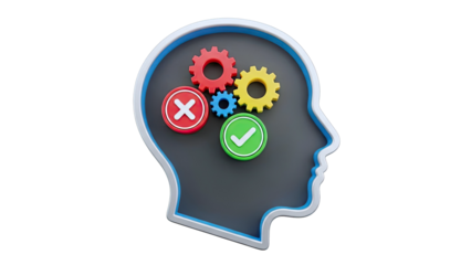 Head Silhouette with Gears, Checkmark, and Cross