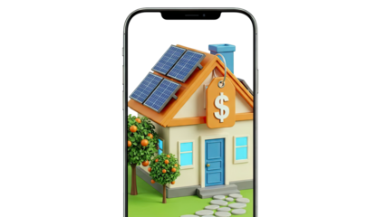 3D Rendered House with Solar Panels and Price Tag on a Phone Screen