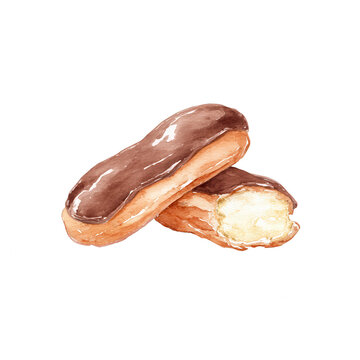 Watercolor Eclair Pastries: Delicious French Dessert on White