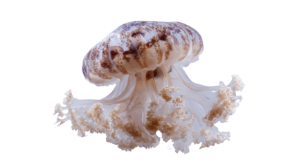 Jellyfish swimming, showing its beautiful bell and frilly oral arms, a delicate and ethereal marine animal