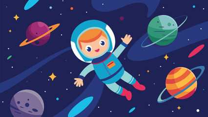 Cute cartoon spaceman enjoys an exciting adventure among planets and stars
