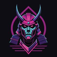 Vibrant Neon Samurai Helmet in a Digital Retro-Futuristic Style