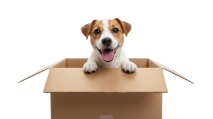 Happy Jack Russell Terrier Puppy in Cardboard Box Product Shot