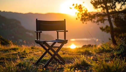 A solitary folding chair sits on a hilltop, framed by a sunlit sunrise over a distant body of water