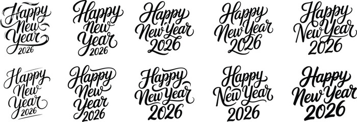 Happy New Year 2026 Hand Lettered Calligraphy on White Background