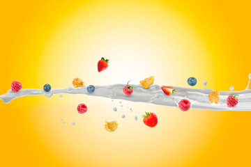 Milk Splash with Fresh Blueberries, Raspberries, Strawberries, and corn flakes.
