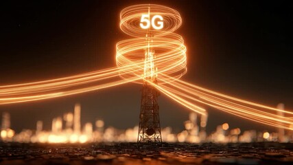 Illuminating 5G Connectivity: The image captures a towering telecommunications antenna, radiating streams of data in a visual spectacle of modern connectivity. The 5G symbol hovers above. - Powered by Adobe