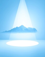 A solitary mountain range is spotlighted against a gradient blue backdrop. The stage is set with a bright circle below