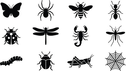 Insects and Bugs Silhouette Vector Icon Set, butterfly, spider, ant, dragonfly and mosquito design © ArtMint