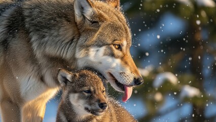 Obraz premium A wolf gently nuzzles a younger wolf in a snowy forest with soft, warm lighting.