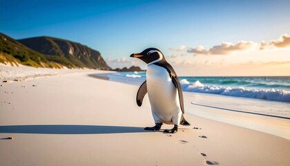 A solitary penguin stands on a sun-kissed beach, its black and white feathers contrasting the white sand and turquoise water. A scenic backdrop