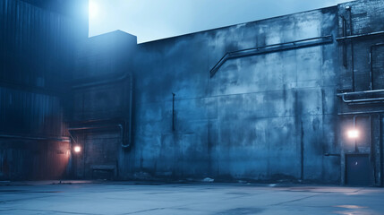 Gritty Industrial Alley Background with Blue Tones and Warm Light. Empty urban concrete wall, pipes, and mysterious atmosphere for cyberpunk themes or dark projects.