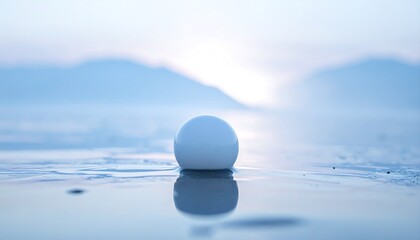 A solitary sphere rests on a watery surface, reflecting the dawn's gentle light. Distant mountains fade into the hazy background