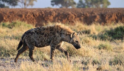 A solitary spotted canine strides through tall, dry grasses. The background features a reddish-brown earth mound